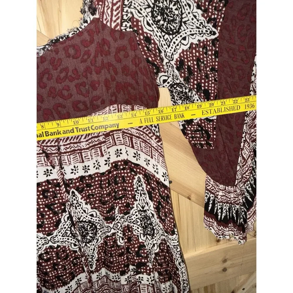 Free People Heart of Gold Red Black Bohemian Peasant Flare Sleeve Dress Sz S